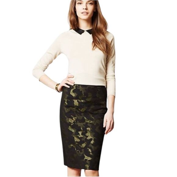 Anthropologie Maeve Camo Pencil Skirt Black Green Jacquard High Waisted  Size 2 - Picture 1 of 15